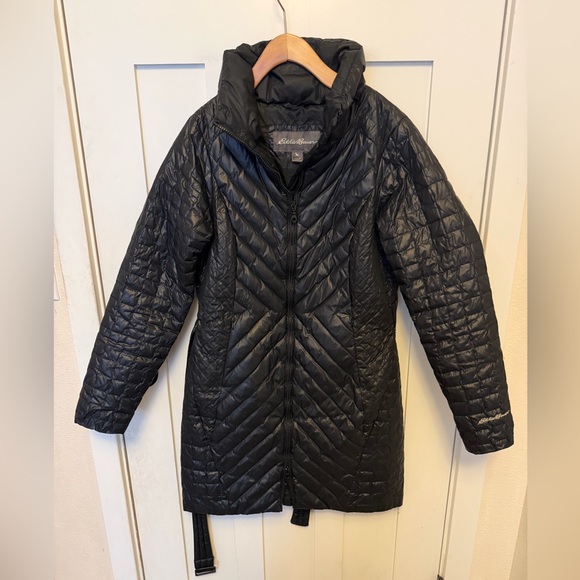 Eddie Bauer Women’s Coat Trinity Down Parka Size Small BLACK Jacket Belted - Picture 2 of 11